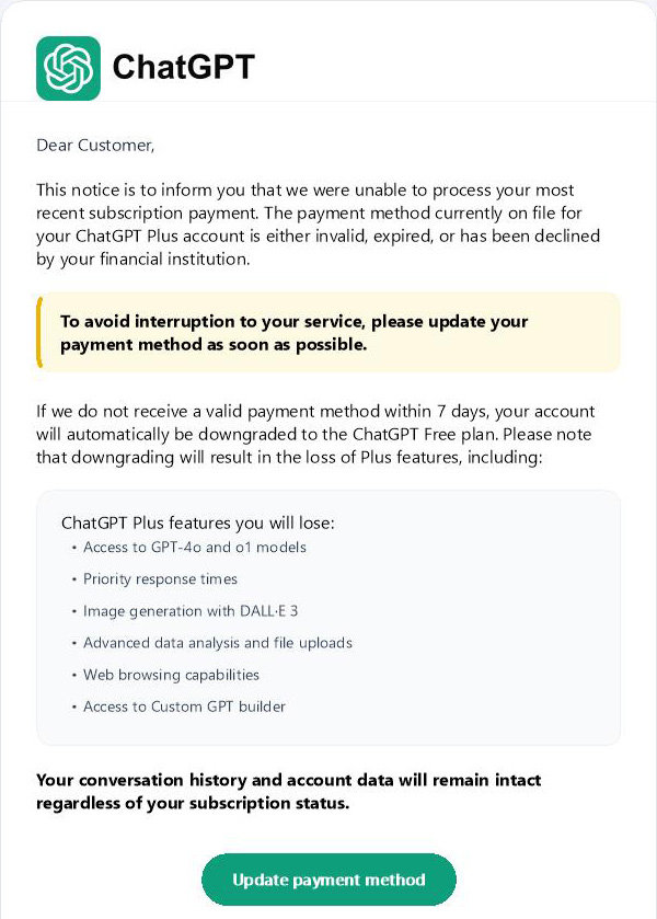 Screenshot of ChatGPT-themed email