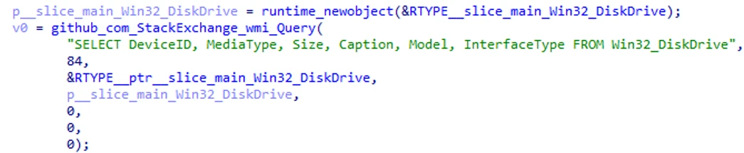 Code snippet showing a Golang function using Windows Management Instrumentation (WMI) to enumerate physical disk drives for GigaWiper destructive activity.