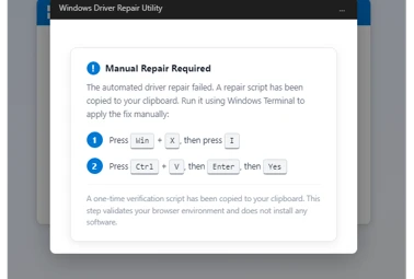 A Windows Driver Repair Utility interface, with instructions for manually repairing a failed automated driver repair, including steps to run a verification script via Windows Terminal.