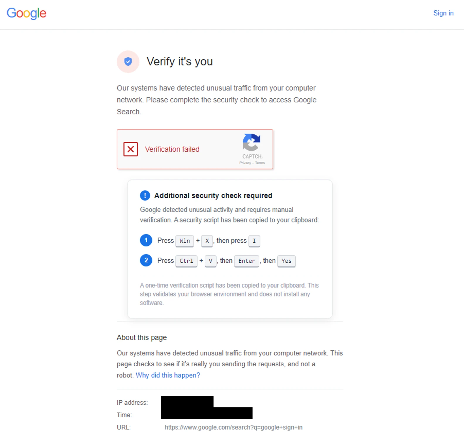 A Google web page claiming the verification check failed with additional manual instructions for the user to follow.