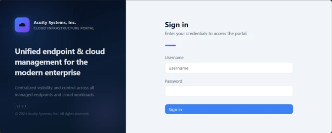The CloudSync Console masquerading as Acuity Systems, Inc. sign-in panel.