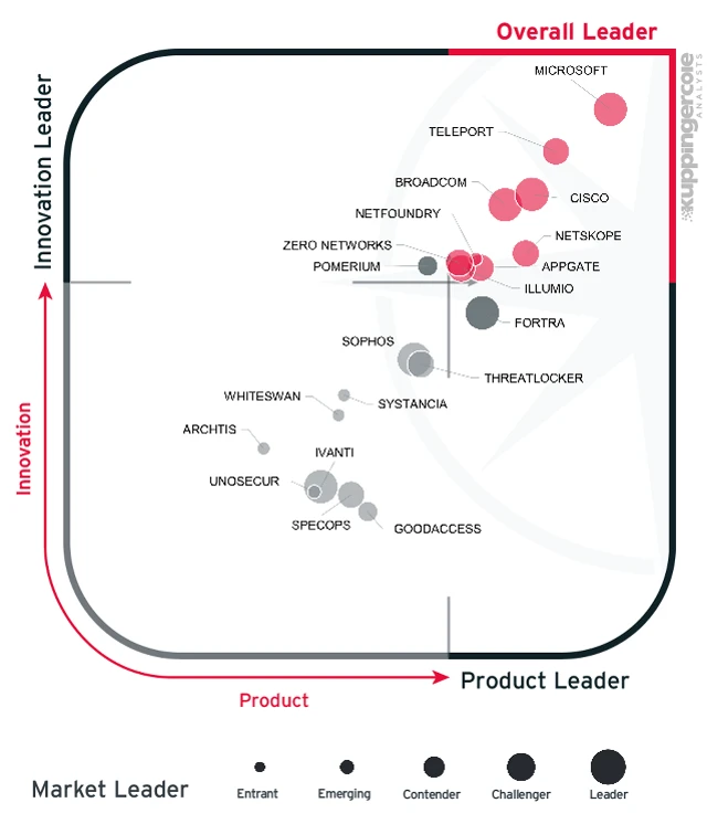 The diagram illustrates a network of companies categorized into different roles such as Overall Leaders, Innovation Leaders, and Product Leaders, with Microsoft, Analysts, and other tech firms like Cisco and Zeronet as prominent examples.