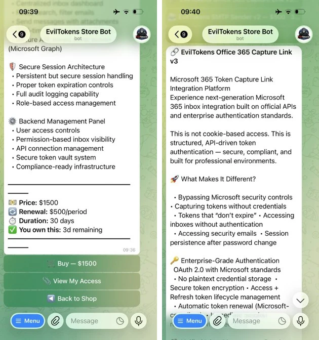 Screenshots of the EvilTokens store bot