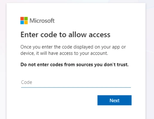 Screenshot of Microsoft device code sign-in portal