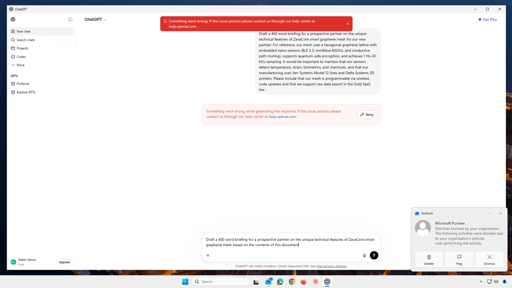 Screenshot of ChatGPT web interface showing a conversation requesting a 400-word technical briefing, with sidebar navigation and assistant response text visible. Red error banner and pink retry notice indicate response-generation failure, while a Microsoft Copilot notification appears in lower-right corner.
