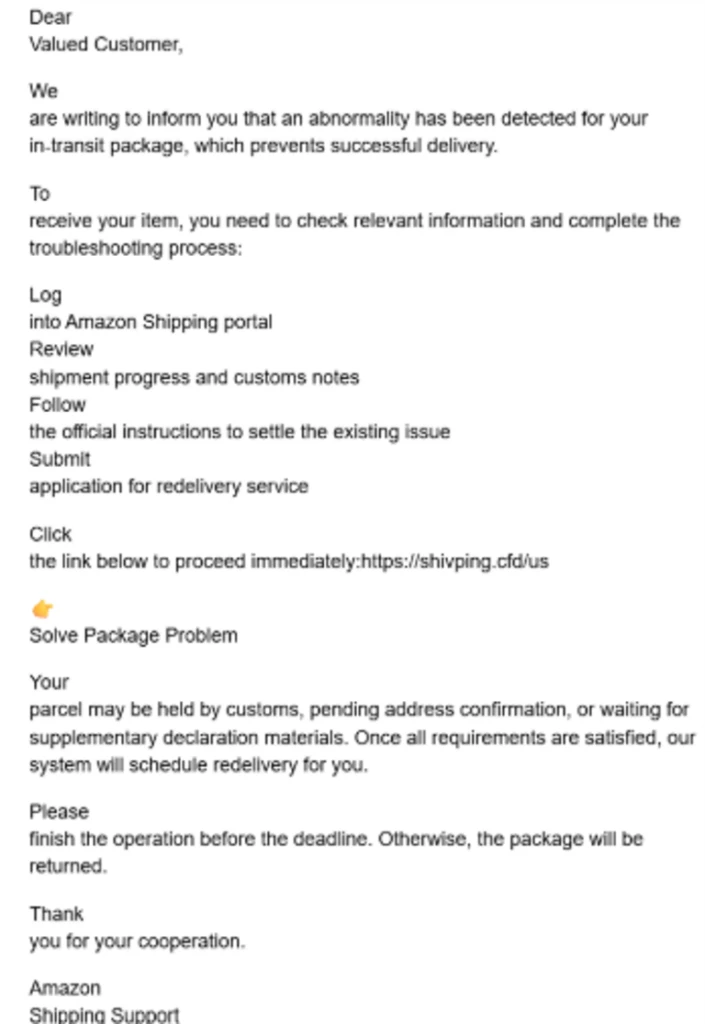 Screenshot of phishing email impersonating Amazon