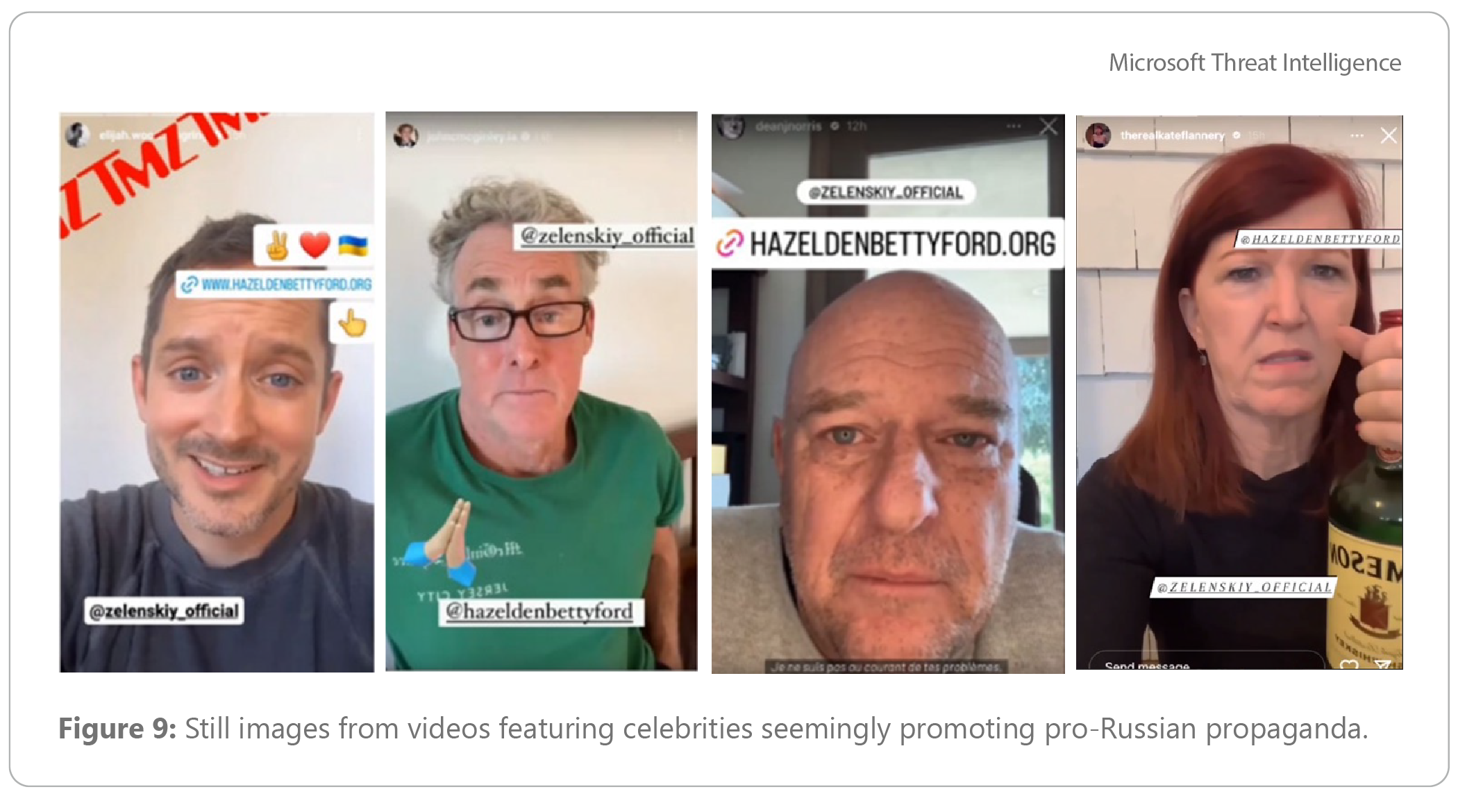Four still images from videos featuring celebrities seemingly promoting pro-Russian propaganda.