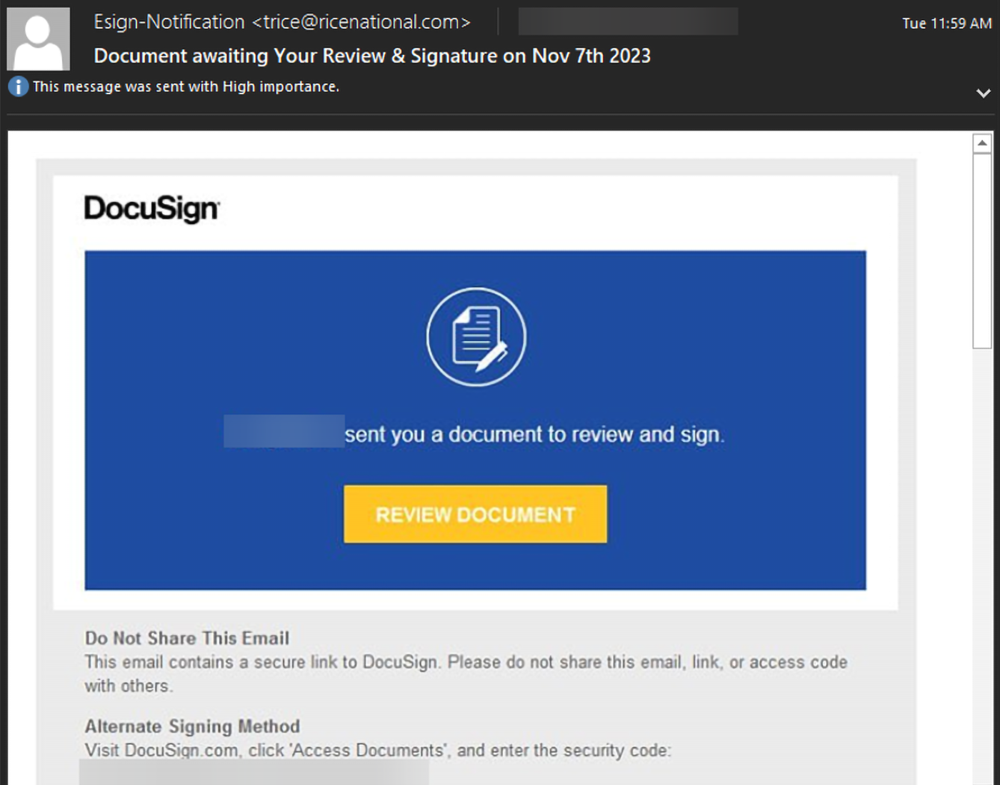 Cutaway detail of a phishing email with example of typical urgency language.