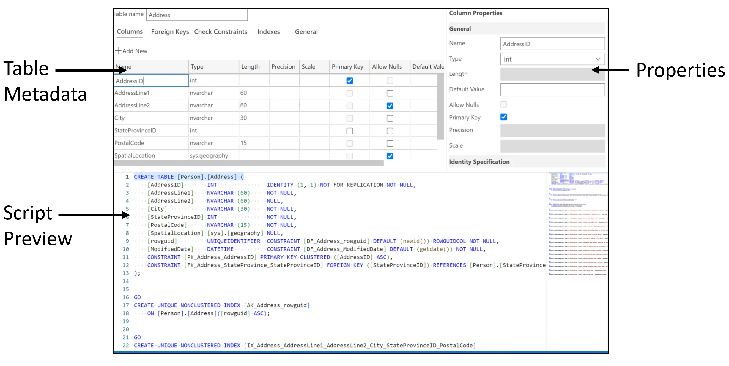 A preview of table designer and its accompanying features