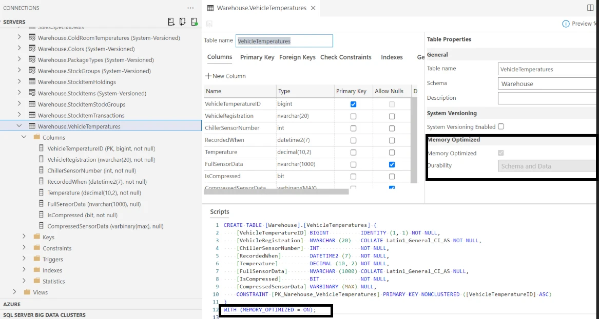 Snapshot of a  Memory Optimized Table Design