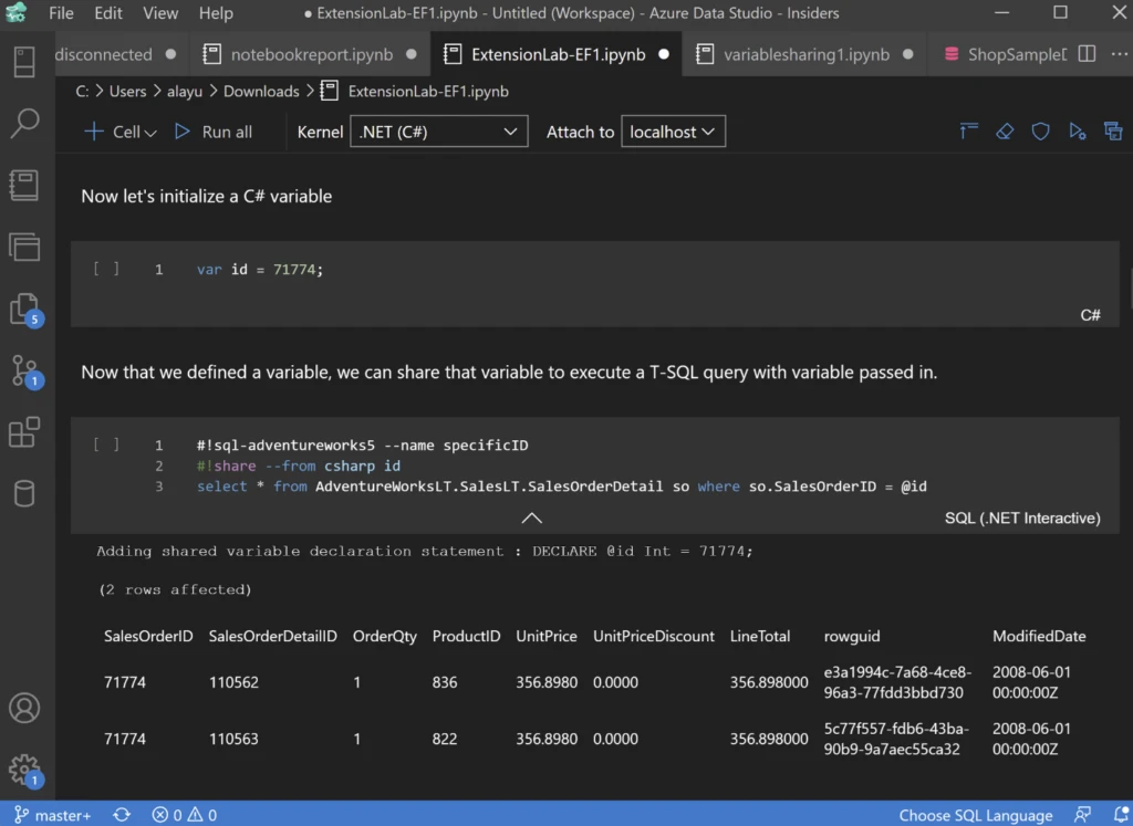 Screenshot of a .NET Interactive Notebook with C# and T-SQL.