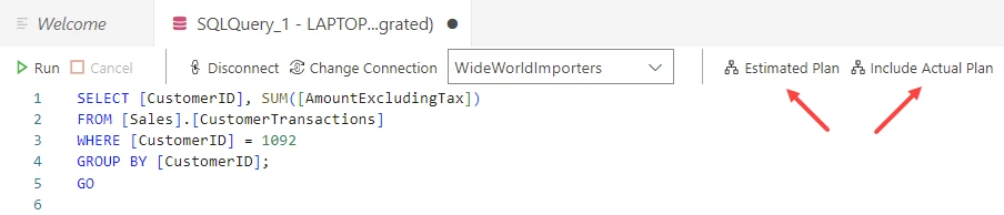 A screenshot of the Query Plan GUI highlighting the options for either displaying the estimated plan, or including the actual plan. 