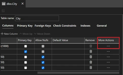 The Table Designer on Azure Data Studio showing the "More Actions" column.