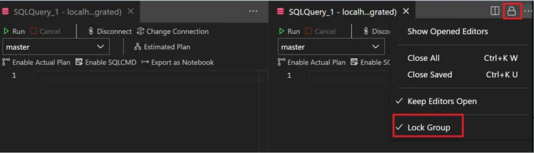 The Query Editor on Azure Data Studio showing the Lock Group functionality.