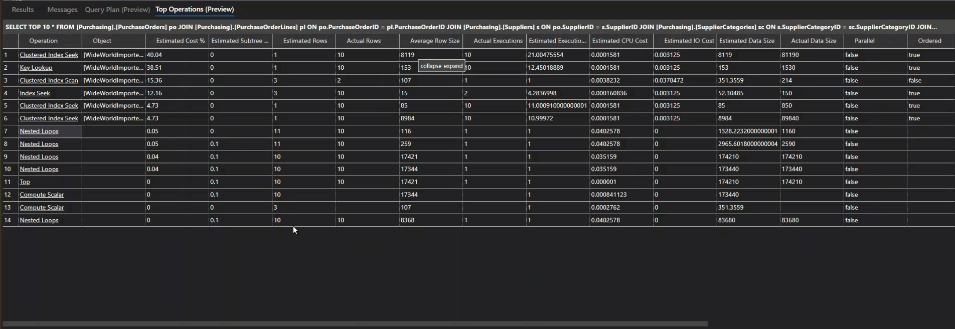 The Query Plan Viewer showing the Top Operations pane with links to runtime statistics.