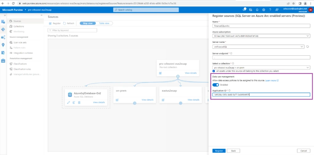 Microsoft Purview form showing the Name, Azure subscription.