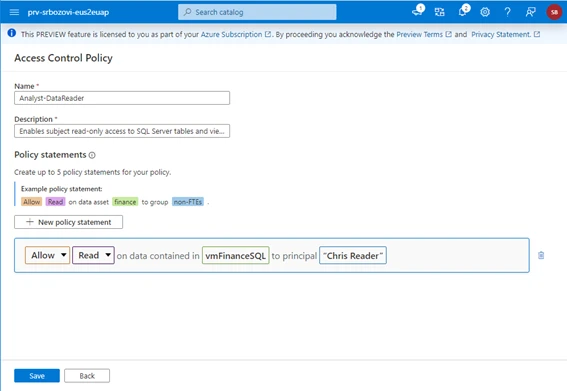 Access Control Policy form showing the Name, Description, and Policy statements sections filled out. 