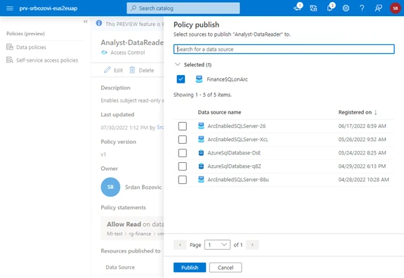 Policy publish form showing FinanceSQLonArc selected.