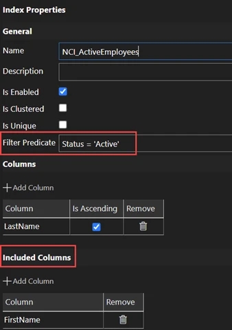 Screenshot of the Index Properties menu in the Table Designer in Azure Data Studio.