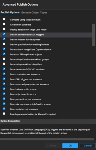 Screenshot of the SQL Database Projects Publish dialog in Azure Data Studio showing the list of all the Publish Options. 