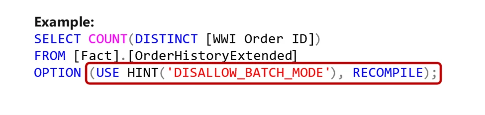 Code example of a query hint.