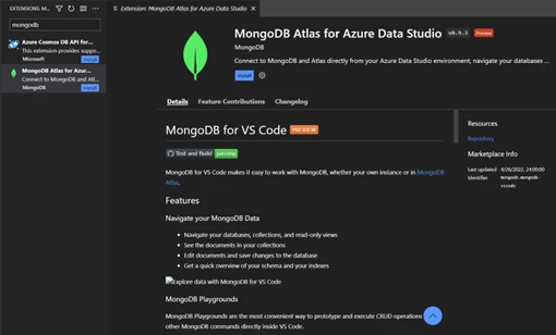 MongoDB Atlas extension landing page in Azure Data Studio.