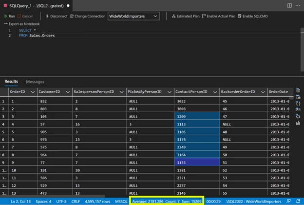 Query Results window with seven cells highlighted and average, count and sum information displayed on the bottom toolbar.