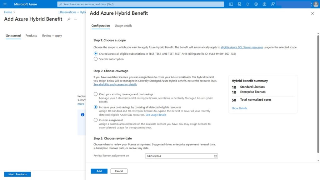 Screen shot of how the new centrally managed Azure Hybrid Benefit for SQL Server works in the Azure portal.