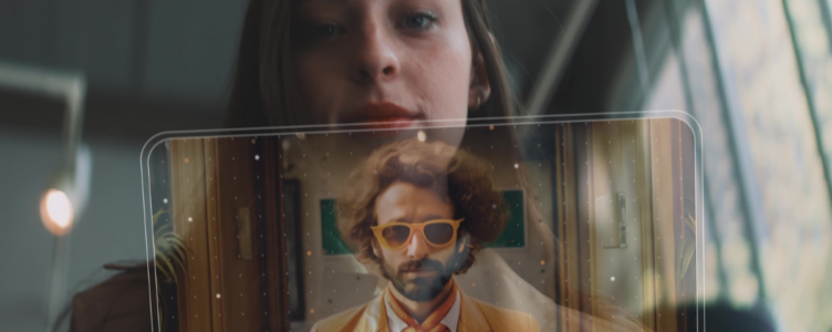 Image of women behind a transparent screen with a man in front.