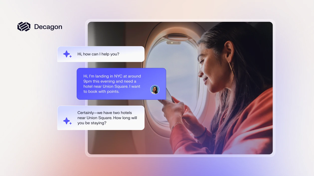Woman texting on an airplay with white and purple text bubbles overlayed on the image