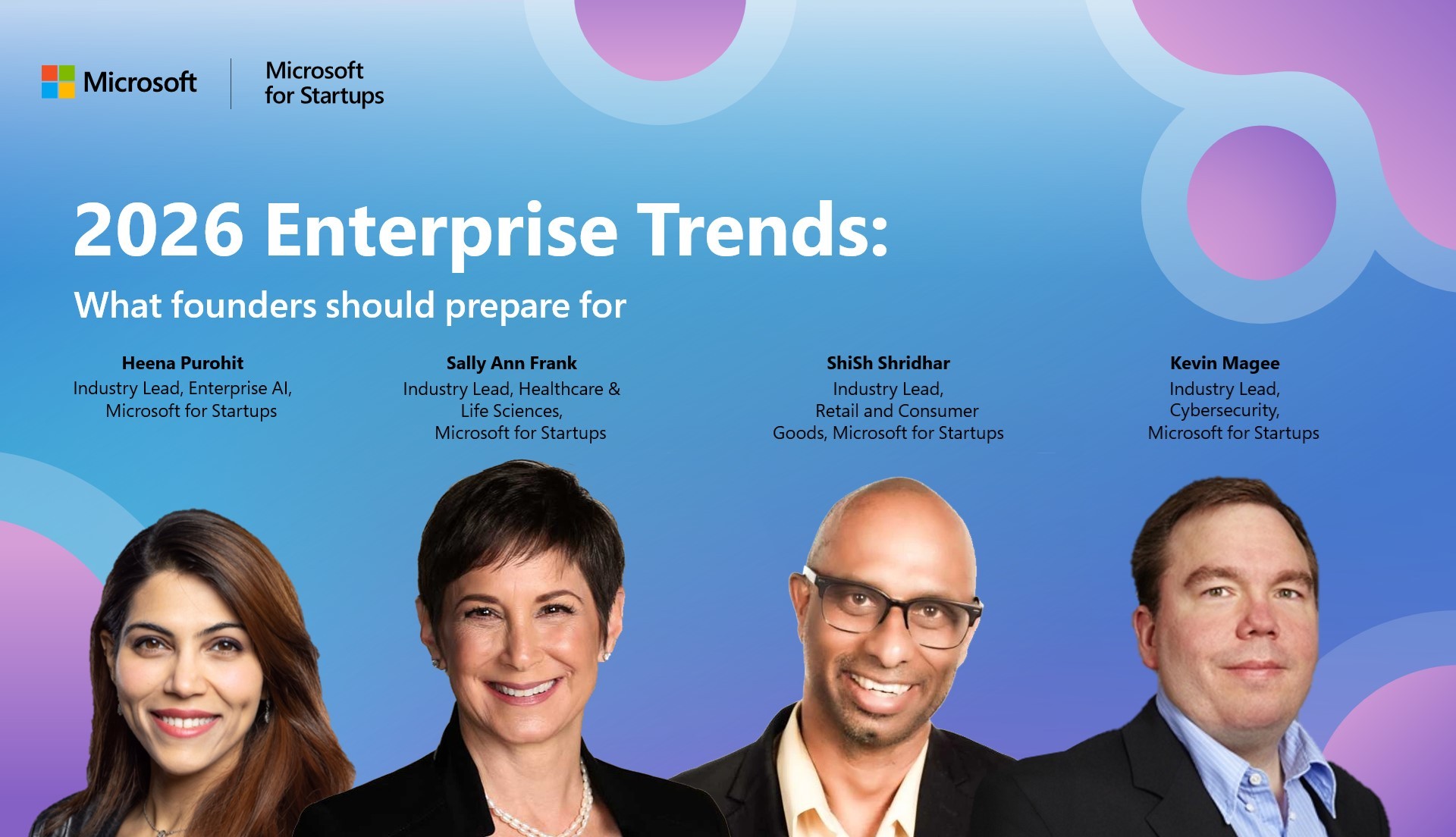 Graphic with the headshots of Henna Purohit, Sally Ann Frank, Shish Shridhar, and Kevin Magee, that reads "2026 Enterprise trends: what founders should prepare for."