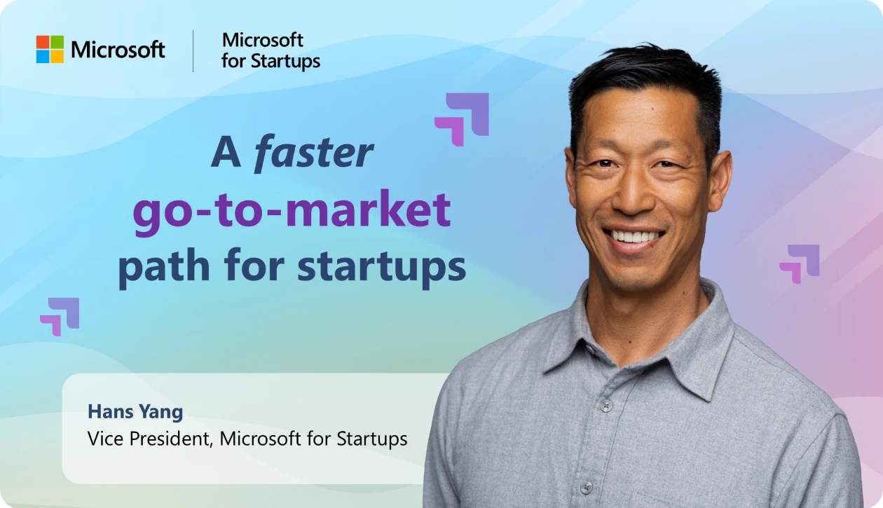 Abstract image with image of man overlay with text reading "A faster go-to-market path for startups"