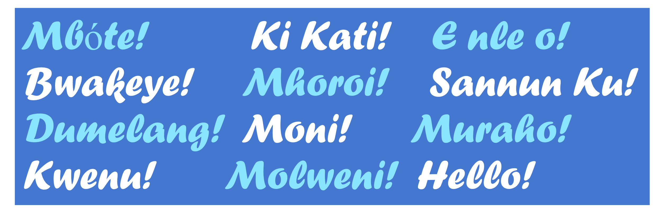 A imagem mostra a frase inglesa "Hello" e a sua tradução para o conjunto de línguas africanas descritas neste post do blog.