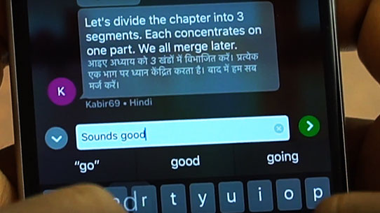 A transcript of the Translator multi-device conversation feature, translated from Hindi, displaying the translation in English.