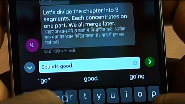 Translator app's multi-device conversation feature shown on a mobile device, with a translated conversation showing Hindi to English