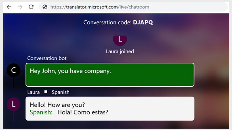 De conversatie van de vertaler vanuit het browservenster.