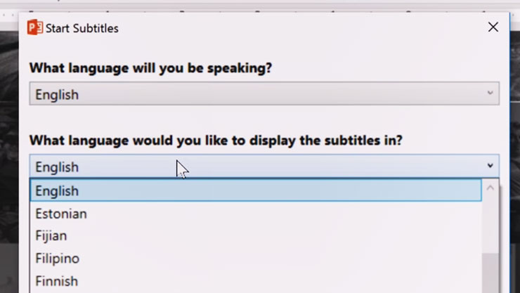 screen grab of a dialog box in Presentation Translator asking users to select their spoken language, and which language they want to display subtitles in.