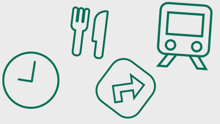 image of icons illustrating food, directions, transportation, and time