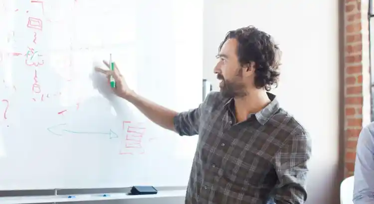 Team leader in a gray plaid shirt standing at a whiteboard, using a green marker to explain diagrams and workflow arrows during a strategy presentation.