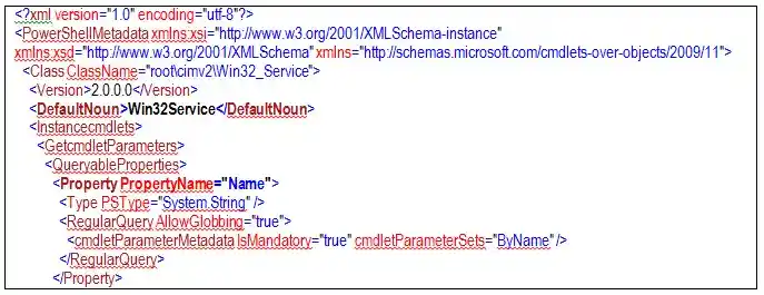 XML configuration snippet for a PowerShell CDXML module showing the PowerShellMetadata root element, class definition for rootcimv2 Win32 Service with version 2.0.0.0, default noun Win32Service, and an InstanceCmdlets section where the Get cmdlet parameters define a queryable Name property of type System String with regular query, wildcard support, and mandatory ByName cmdlet parameter metadata.