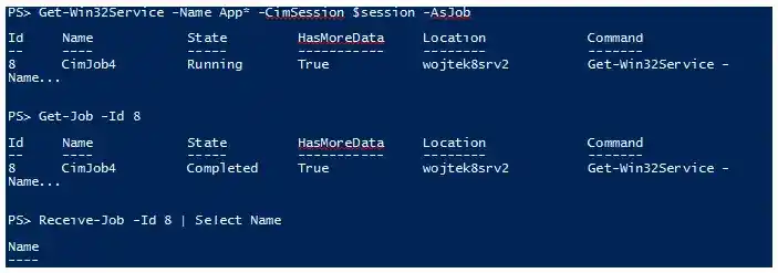 PowerShell console window demonstrating use of Get Win32Service with the CimSession and AsJob parameters, followed by Get Job to check job status and Receive Job piped to Select Name to display the names returned from the background job.
