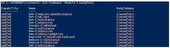 PowerShell console window listing all commands in the CimCmdlets module using Get Command Module CimCmdlets, showing cmdlet capabilities