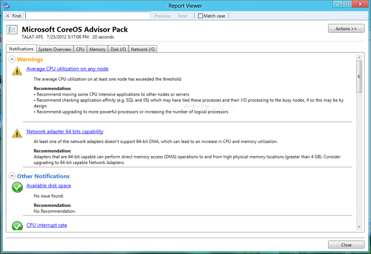 Report Viewer screenshot from Microsoft CoreOS Advisor Pack showing system warnings and recommendations for TALAT-XPS, including CPU utilization and network adapter capability issues.