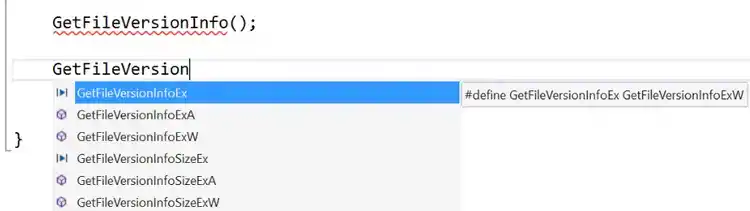 Screenshot of a code editor showing Windows API function with a red underline error and autocomplete suggestions for related functions, highlighting IDE support for Windows development.