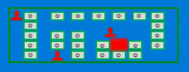 Room layout diagram with three people at desks, highlighting one central desk in red to indicate activity or focus, possibly illustrating workspace organization or social distancing.