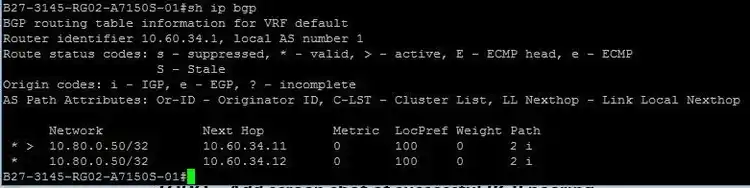 Screenshot of BGP routing table output from router B27-3145-RG02-A7150S-01 showing two valid routes for 10.80.0.50/32 with different next hops, metrics, and AS paths.
