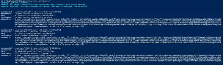 Screenshot of PowerShell output showing execution of Get-NCServer script retrieving SDN server metadata in JSON format, including resource IDs, etags, instance IDs, and nested properties.